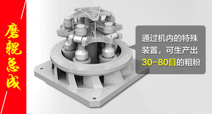  該雷蒙磨可以對重晶石，金紅石，白云石，螢石，方解石等硬度比較大的進行研磨。它突出的優點在于細度更加精確，效率高，耗能耗電少，污染少等。在使用該雷蒙磨時，將礦石等原料先進入鄂式破碎機進行物料破碎，由皮帶輸送機進行物料輸送，中間由電磁振動給料機均勻地將初步破碎的物料從機罩側面的進料口上送到該雷蒙磨中